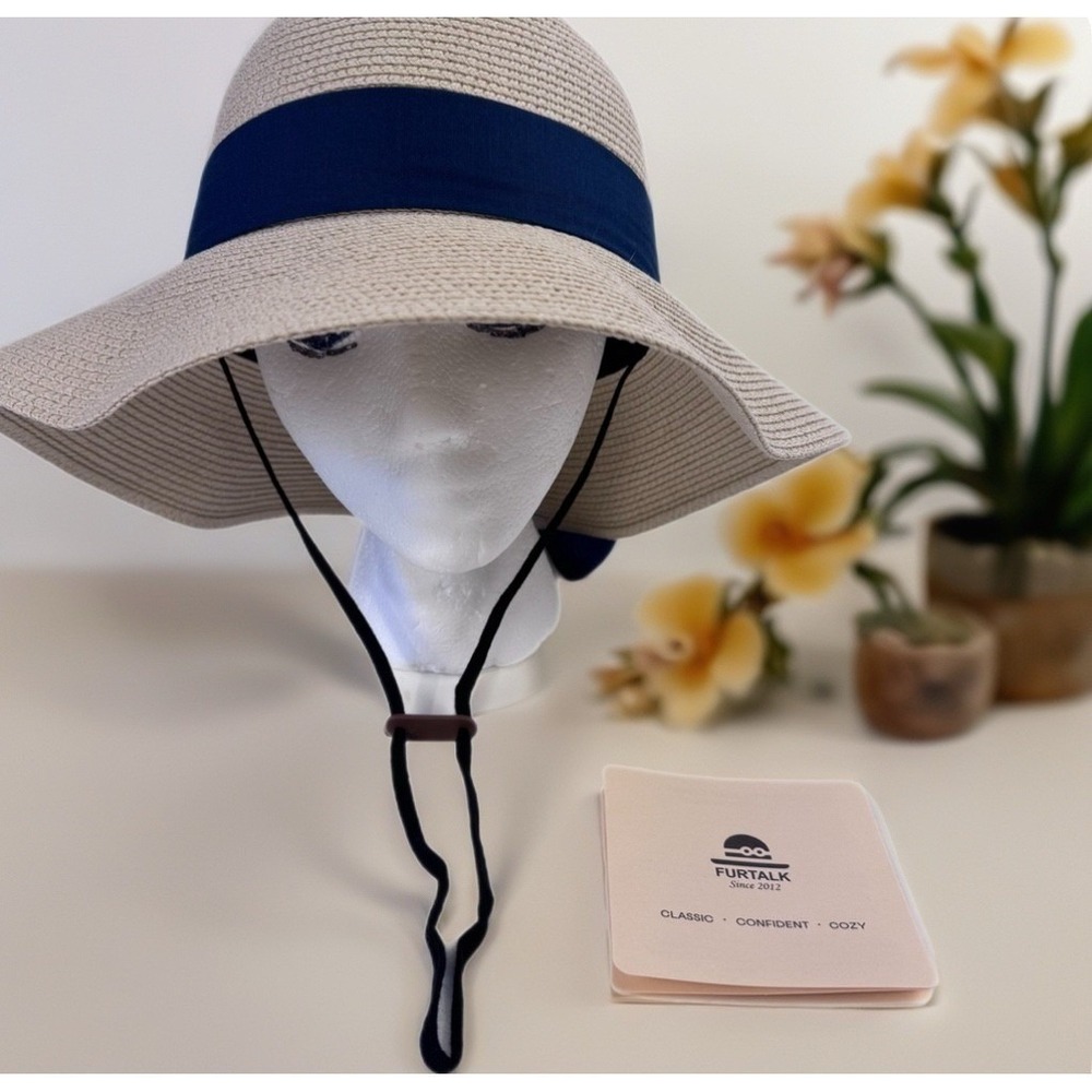 FURTALK‎ Straw Sun Hat Women M-L Beige Navy Ribbon UPF 50+ Wide Brim Beach Hat